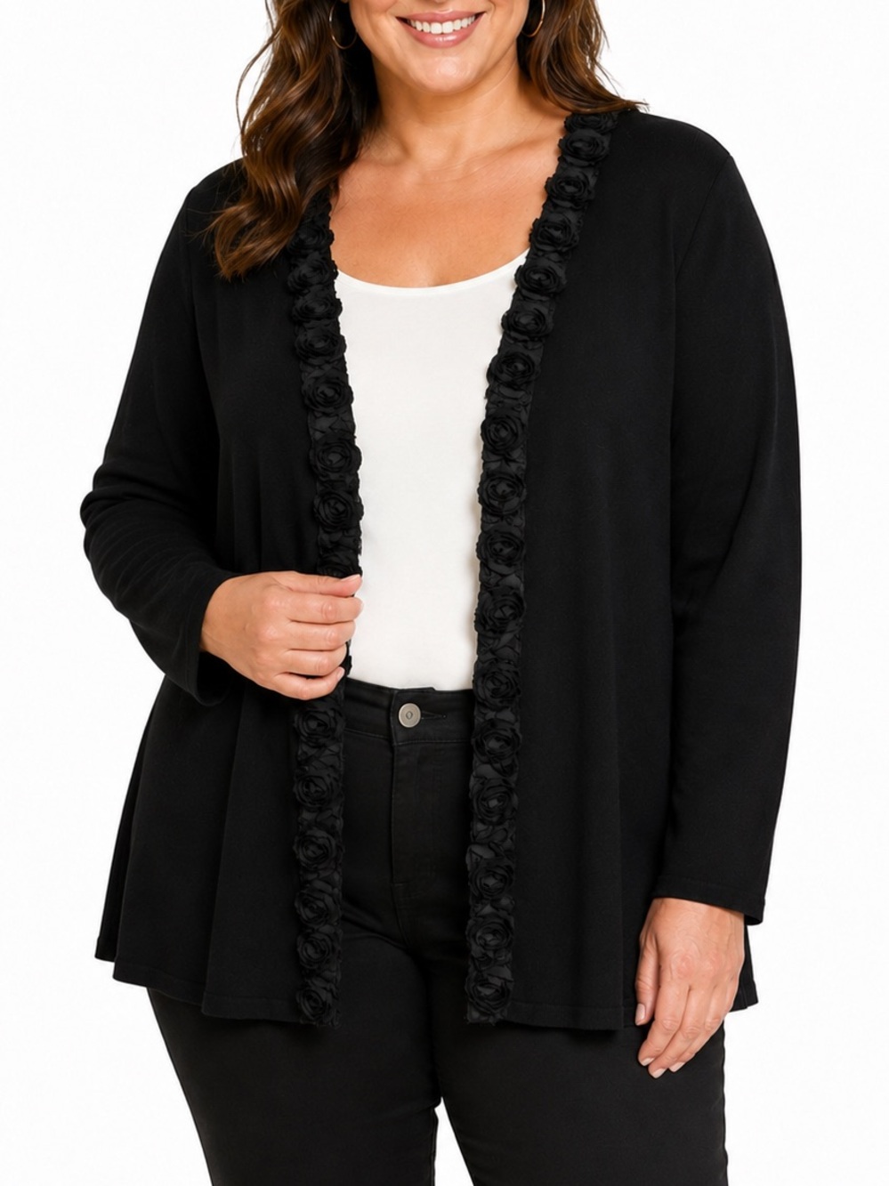 CYRUS Black 3X Rosette Trim Open Front Cardigan Sweater